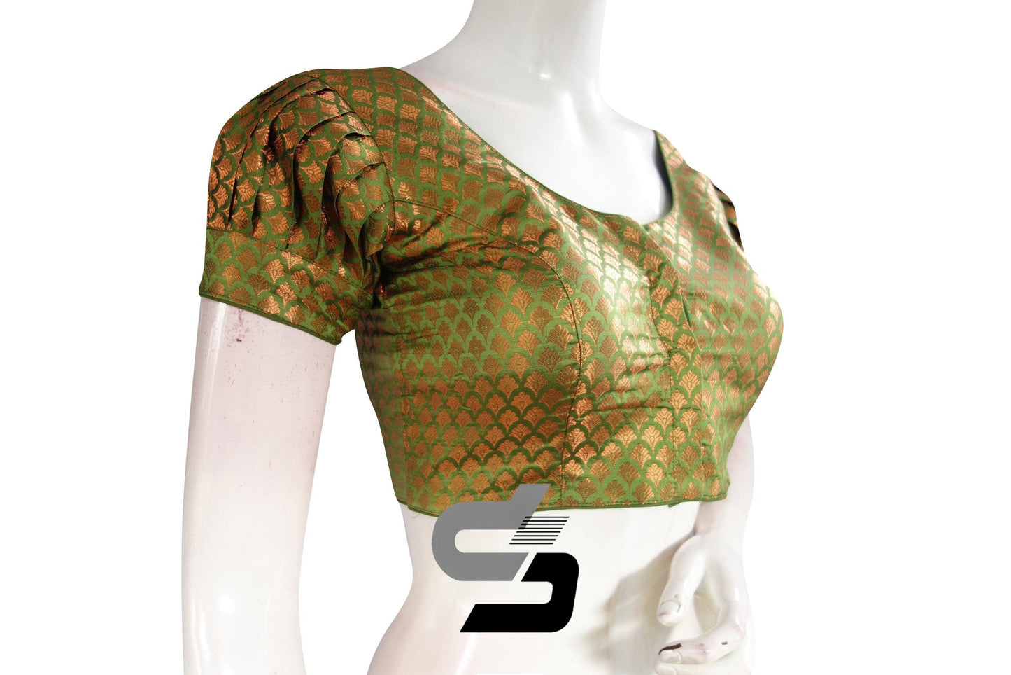 Green Color Brocade Puff Sleeves Readymade Saree Blouse - D3blouses