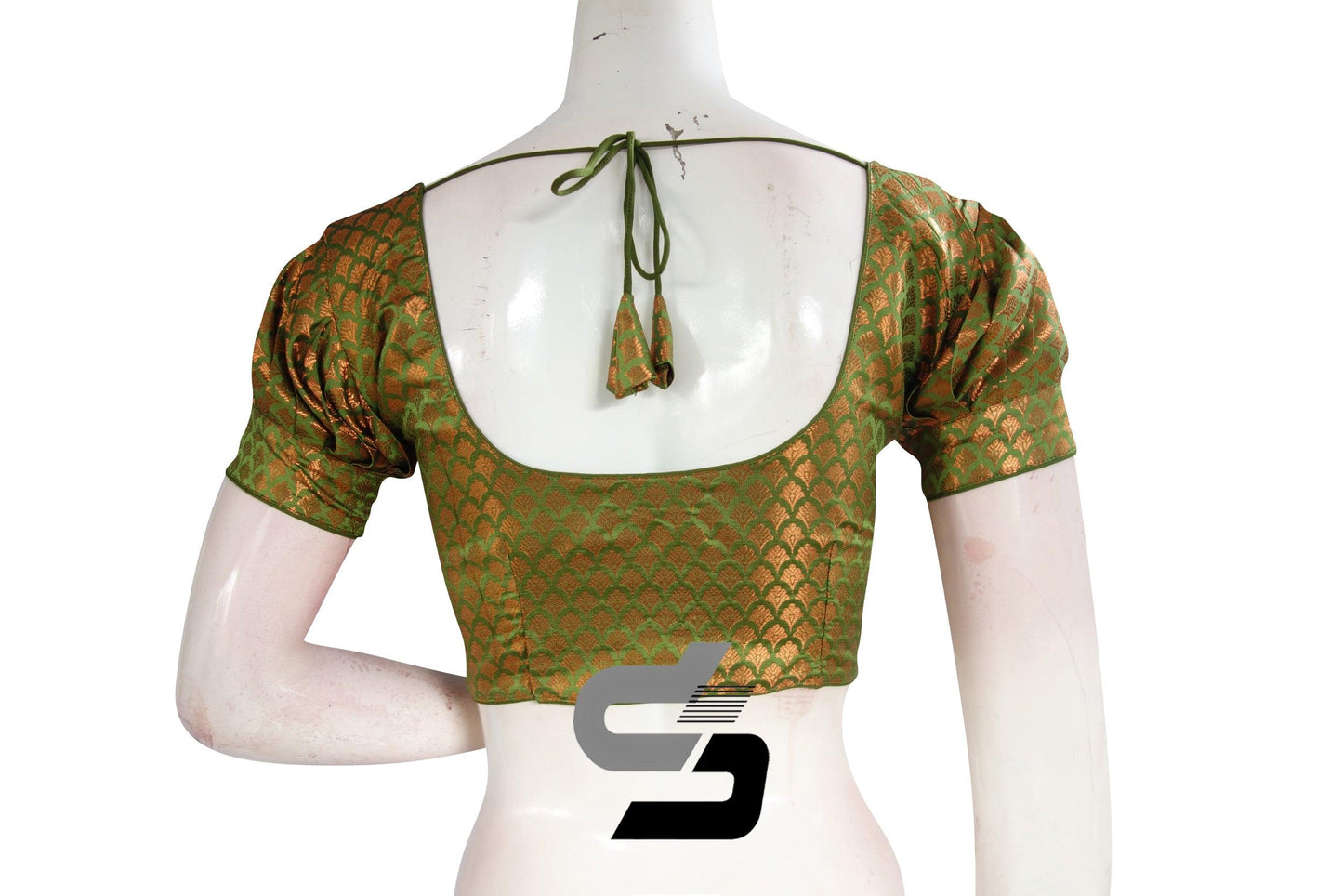 Green Color Brocade Puff Sleeves Readymade Saree Blouse - D3blouses