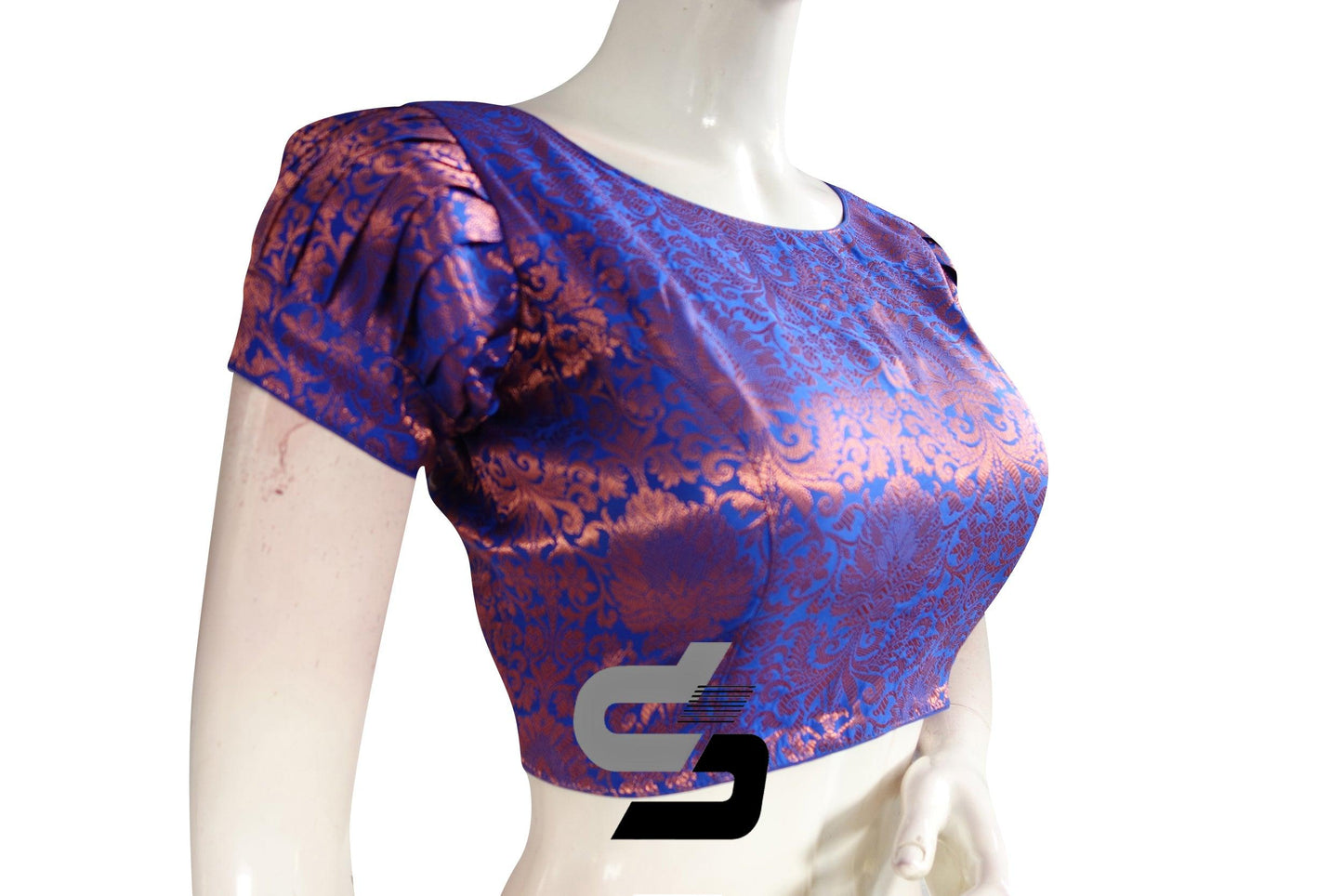 Royal Blue Color Brocade Puff Sleeves Readymade Saree Blouse With Boat Neck