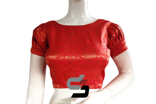 Red Color Brocade Puff Sleeves Readymade Saree Blouse With Boat Neck - D3blouses