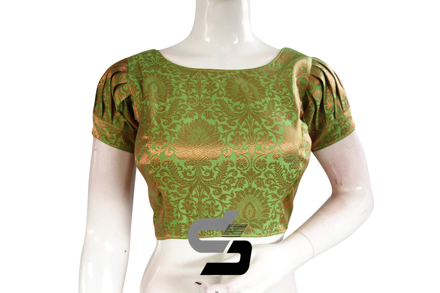 Green Color Brocade Puff Sleeves Readymade Saree Blouse With Boat Neck