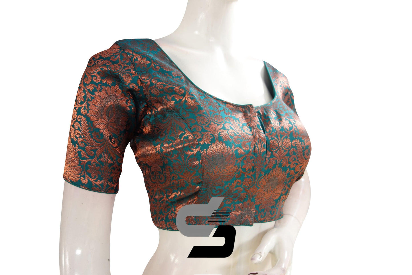 Teal Color Premium Brocade Silk Readymade Saree Blouse - D3blouses
