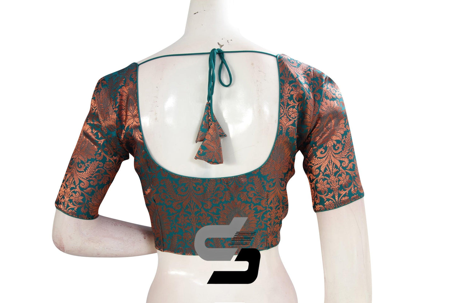 Teal Color Premium Brocade Silk Readymade Saree Blouse - D3blouses