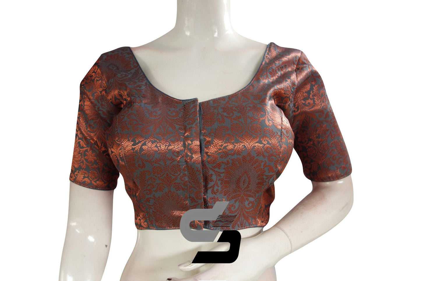 Grey Color Premium Brocade Silk Readymade Saree Blouse - D3blouses