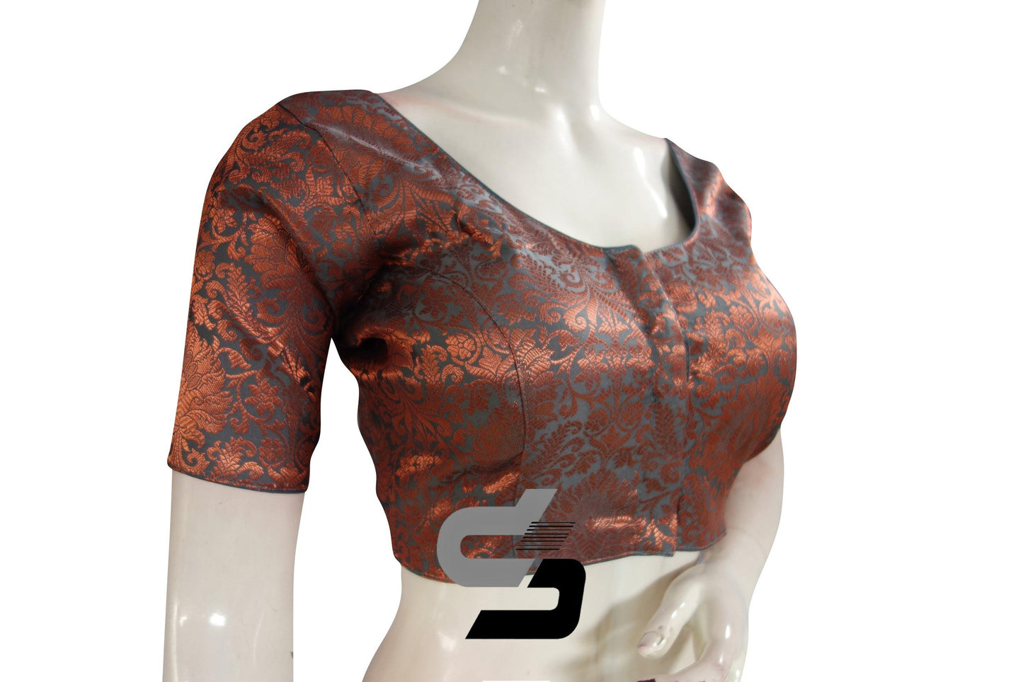 Grey Color Premium Brocade Silk Readymade Saree Blouse - D3blouses