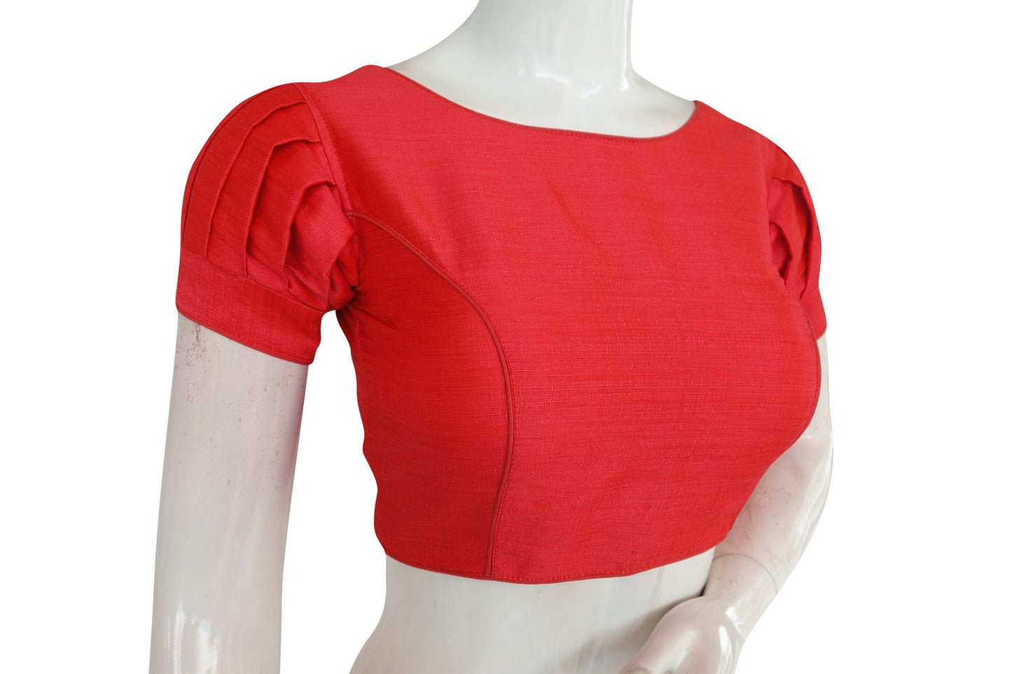 peach pink plain silk readymade saree blouse with puff sleeves