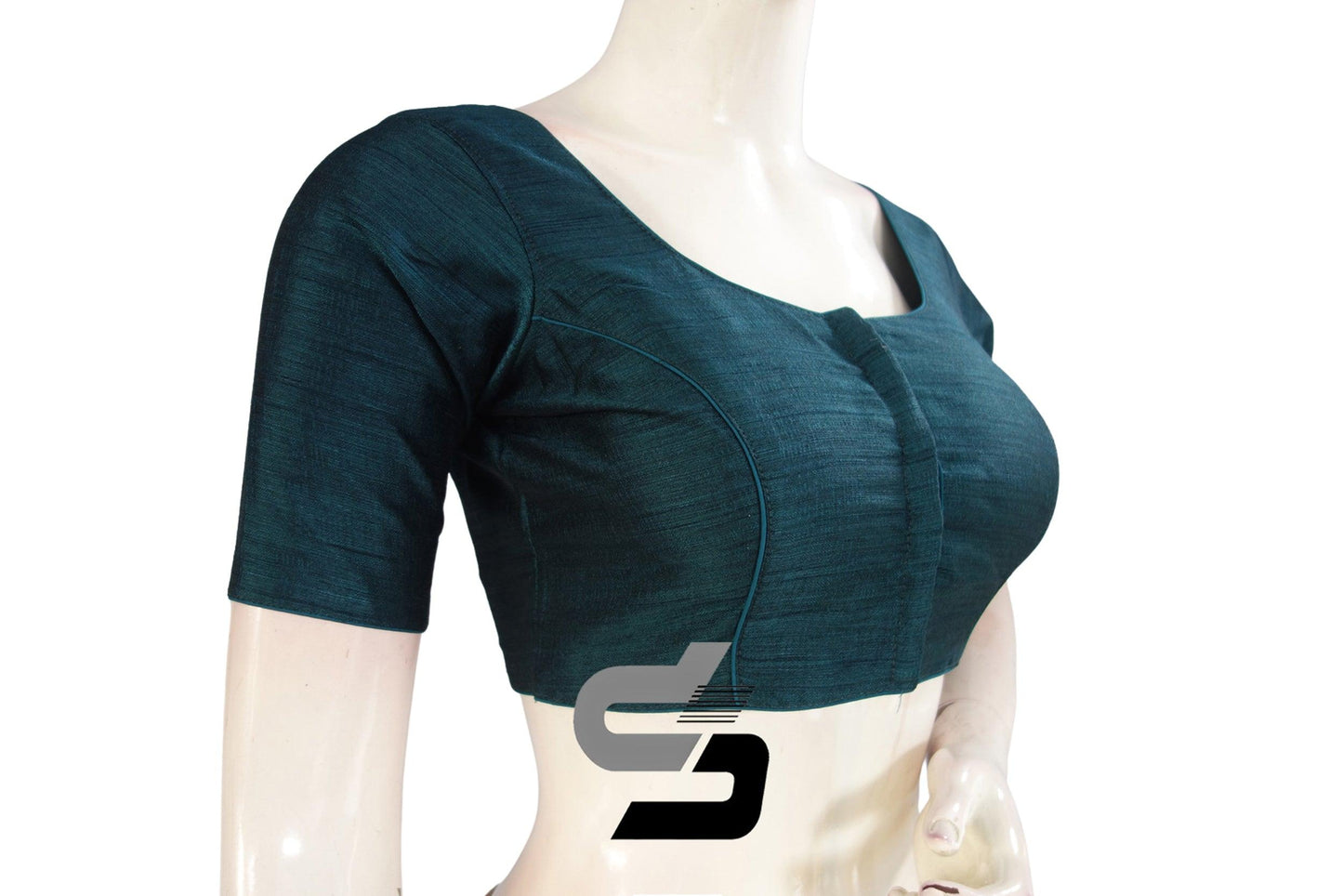 Teal Blue Color Plain Semi Silk Readymade Saree Blouse, Indian Readymade Blouse - D3blouses