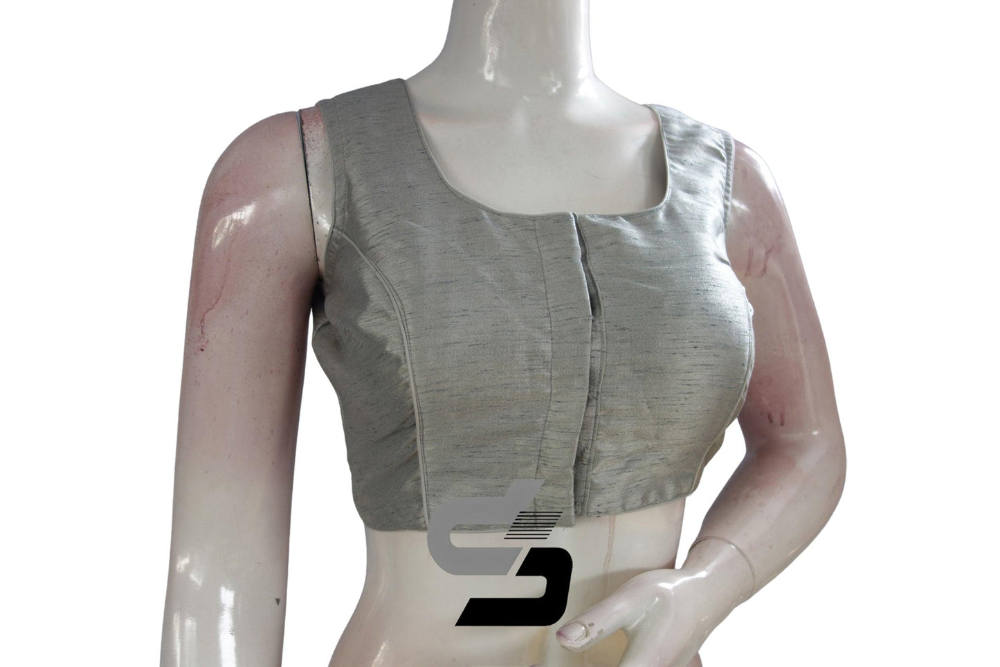 Grey Color Sleeveless Plain Semi Silk Readymade Saree Blouse, Indian Readymade Blouse - D3blouses