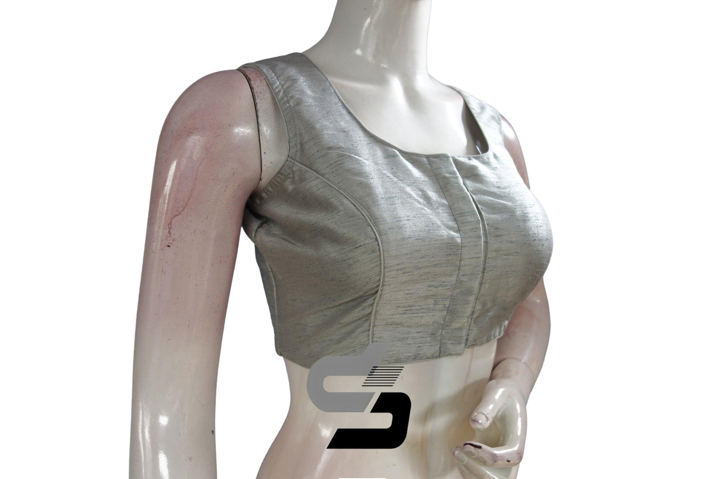 Grey Color Sleeveless Plain Semi Silk Readymade Saree Blouse, Indian Readymade Blouse - D3blouses