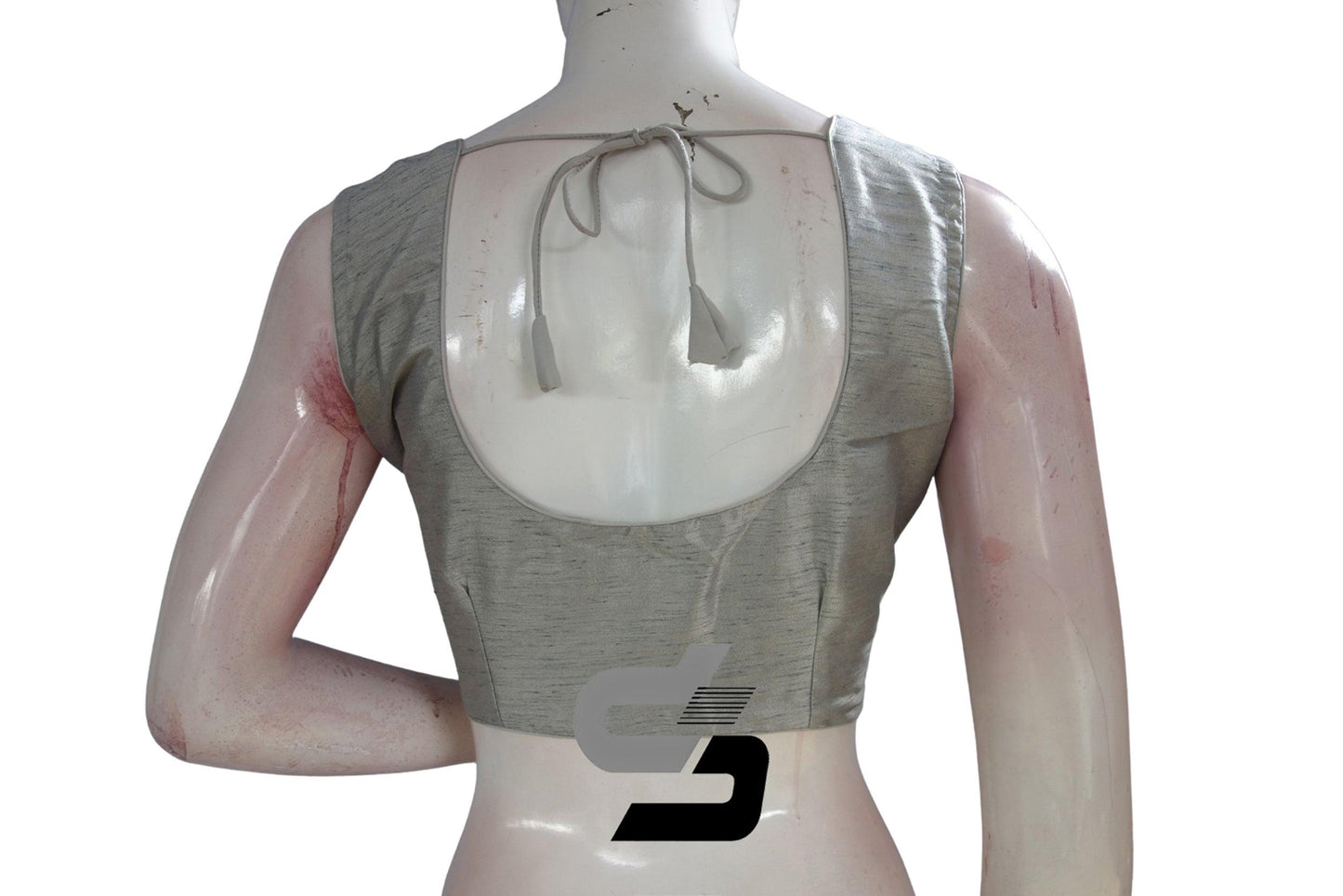 Grey Color Sleeveless Plain Semi Silk Readymade Saree Blouse, Indian Readymade Blouse - D3blouses