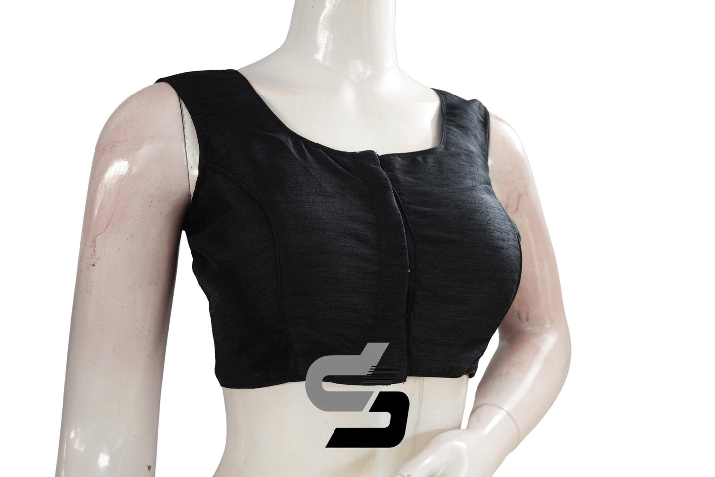 Black Color Sleeveless Plain Semi Silk Readymade Saree Blouse, Indian Readymade Blouse - D3blouses