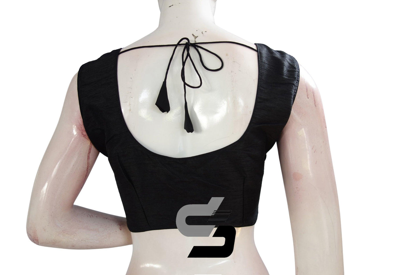Black Color Sleeveless Plain Semi Silk Readymade Saree Blouse, Indian Readymade Blouse - D3blouses