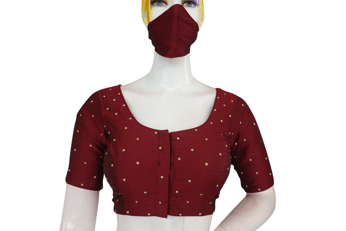 maroon color plain moti stone work indian saree readymade blouse