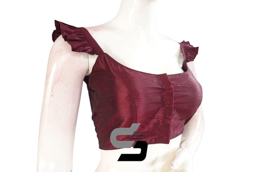 Wine Romance: Embrace elegance with this Wine Plain Silk Spaghetti Frill Sleeves Readymade Saree Blouse. Add a touch of sophistication to your ensemble.