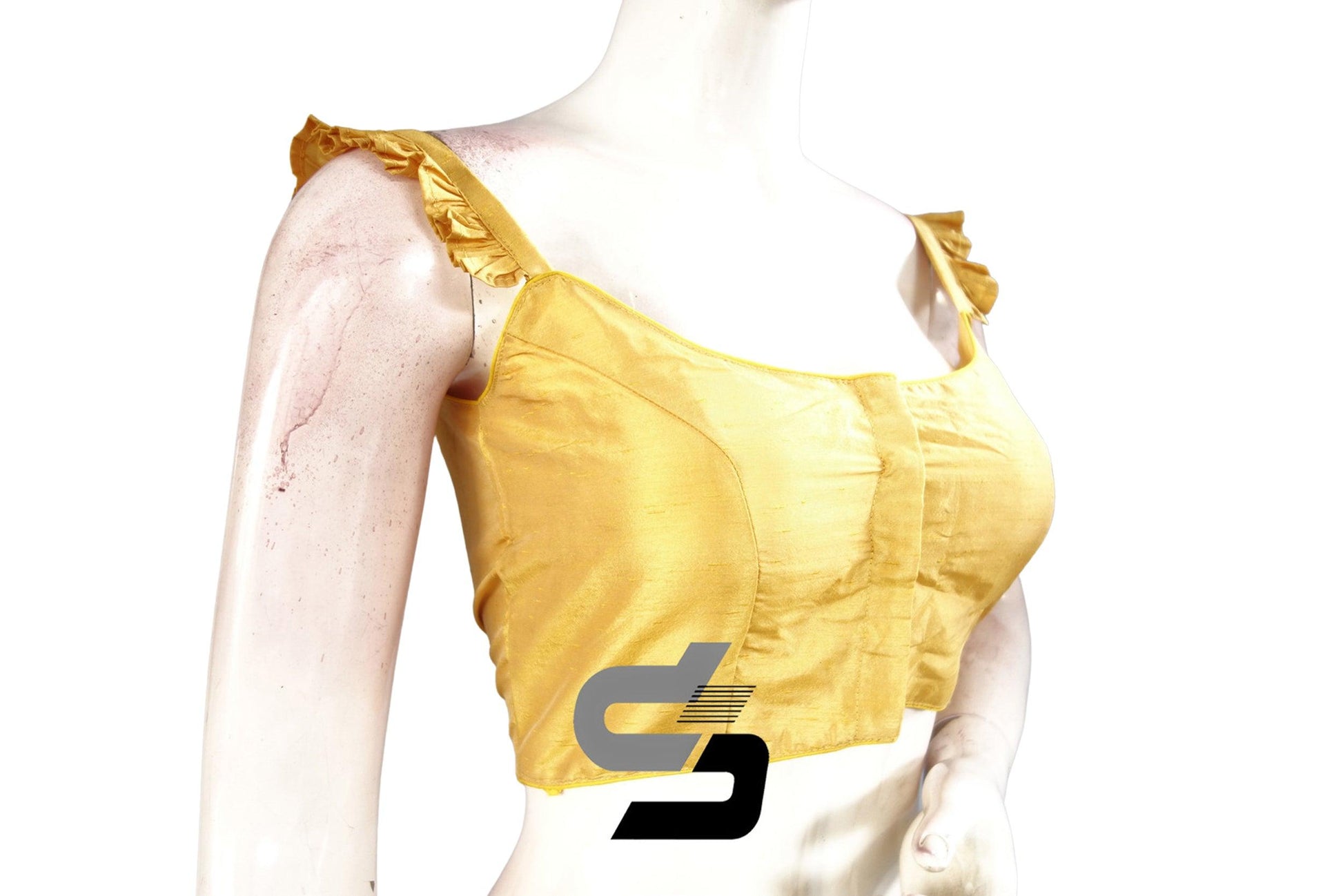 Sunny Splendor: Illuminate your look with this Yellow Plain Silk Spaghetti Frill Sleeves Readymade Saree Blouse. Radiate Vibrant Charm and Effortless Style.