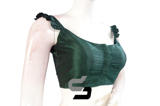 Emerald Elegance: Elevate Your Style with this Green Plain Silk Spaghetti Frill Sleeves Readymade Saree Blouse. Timeless and Sophisticated, Perfect for Making a Statement at Any Occasion.
