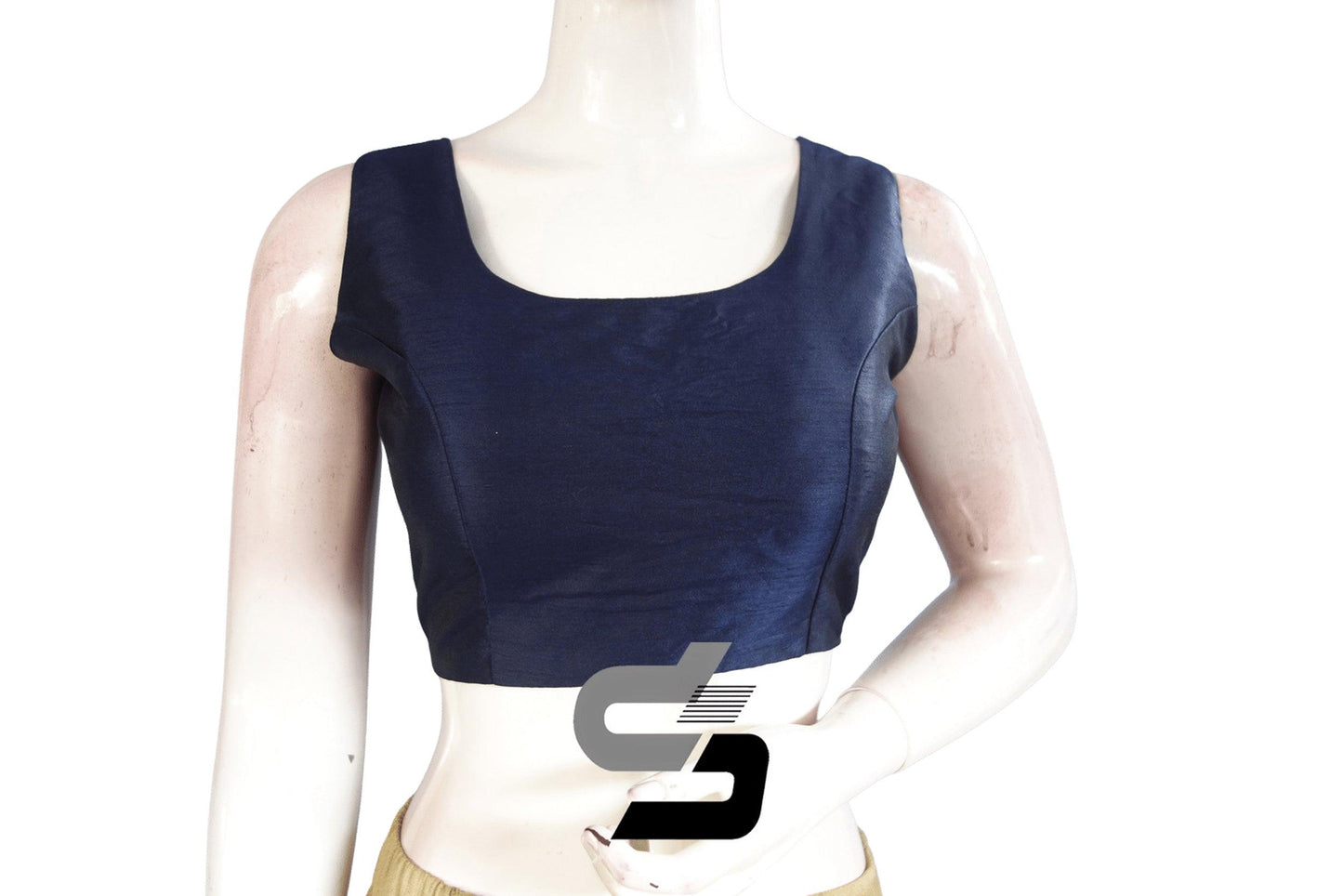 Navy Blue Color Plain Designer Sleeveless With Bow and Tie, Readymade saree blouse, Indian Silk saree Readymade blouse - D3blouses
