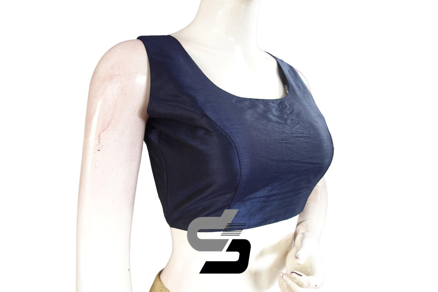 Navy Blue Color Plain Designer Sleeveless With Bow and Tie, Readymade saree blouse, Indian Silk saree Readymade blouse - D3blouses