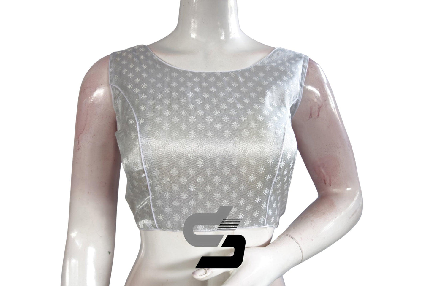 Silver Color Boat Neck Brocade Silk Designer Readymade Saree Blouse - D3blouses