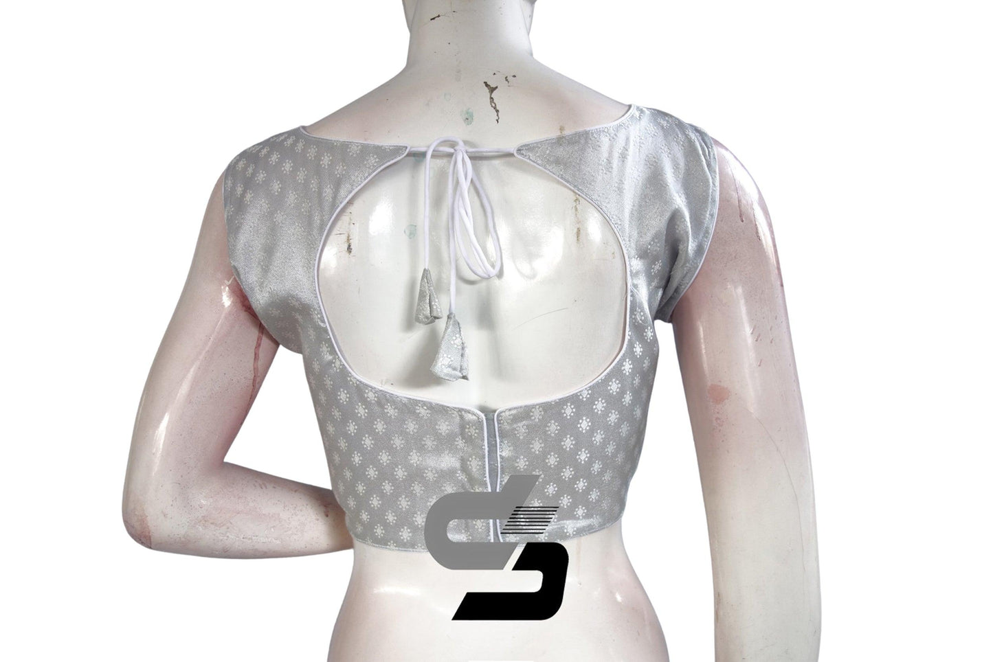 Silver Color Boat Neck Brocade Silk Designer Readymade Saree Blouse - D3blouses