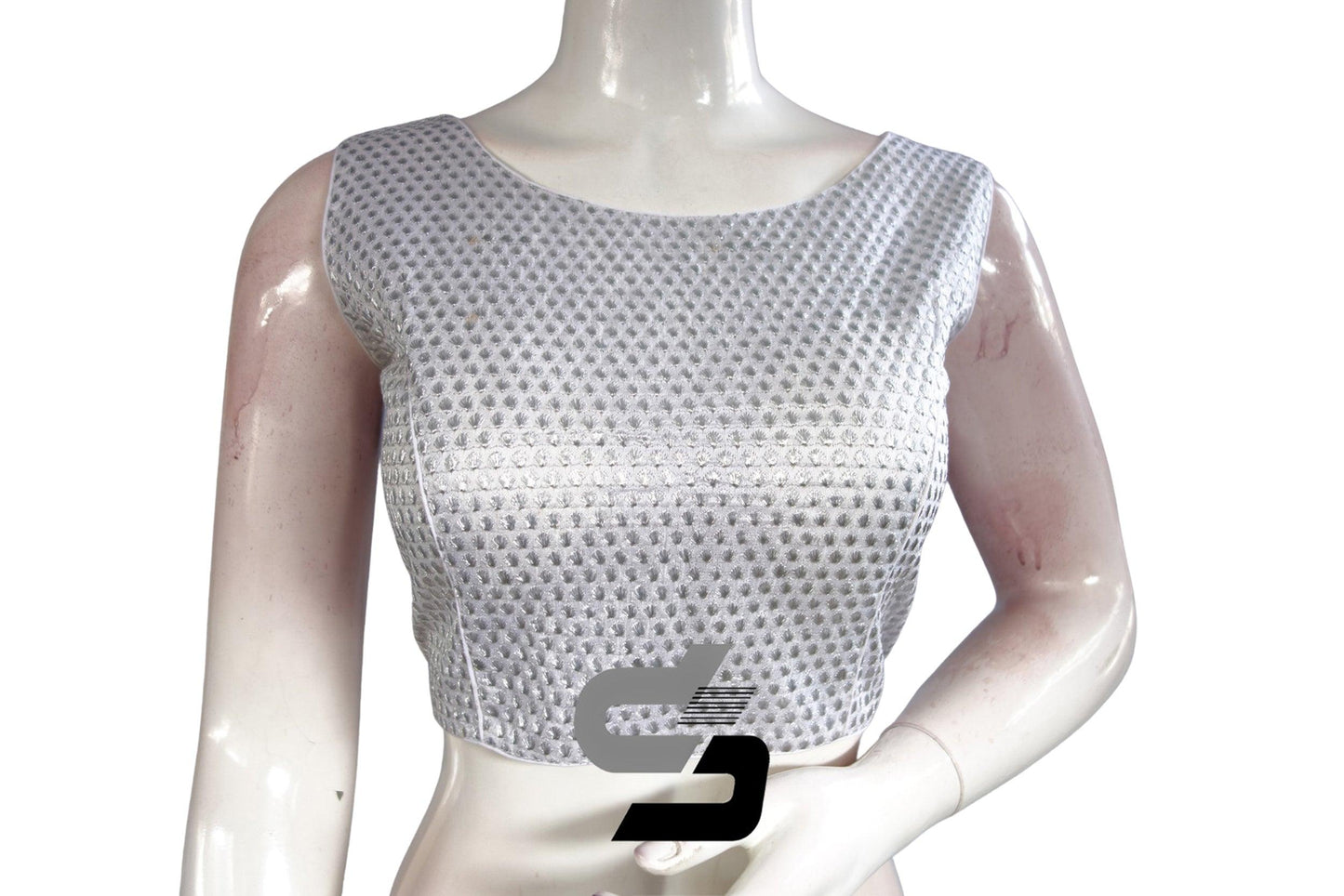 Silver Color Boat Neck Embroidery Designer Readymade Saree Blouse - D3blouses