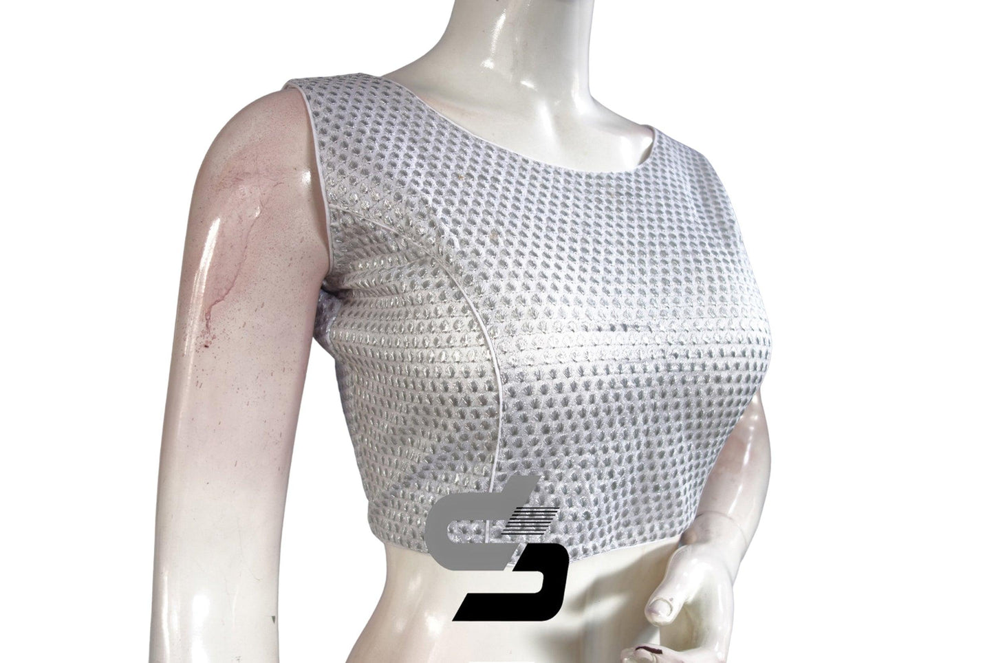 Silver Color Boat Neck Embroidery Designer Readymade Saree Blouse - D3blouses