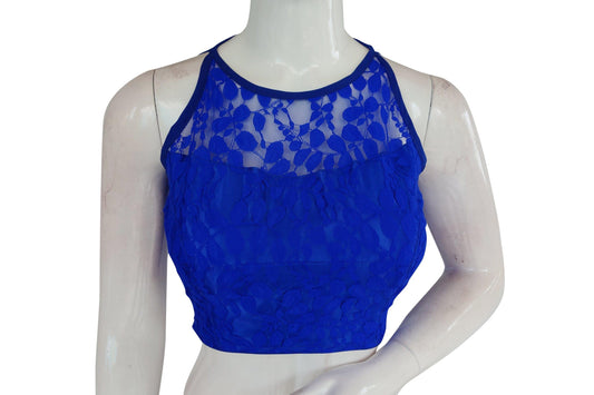 blue color designer floral embossed net sleeveless readymade saree blouse indian saree readymade blouse