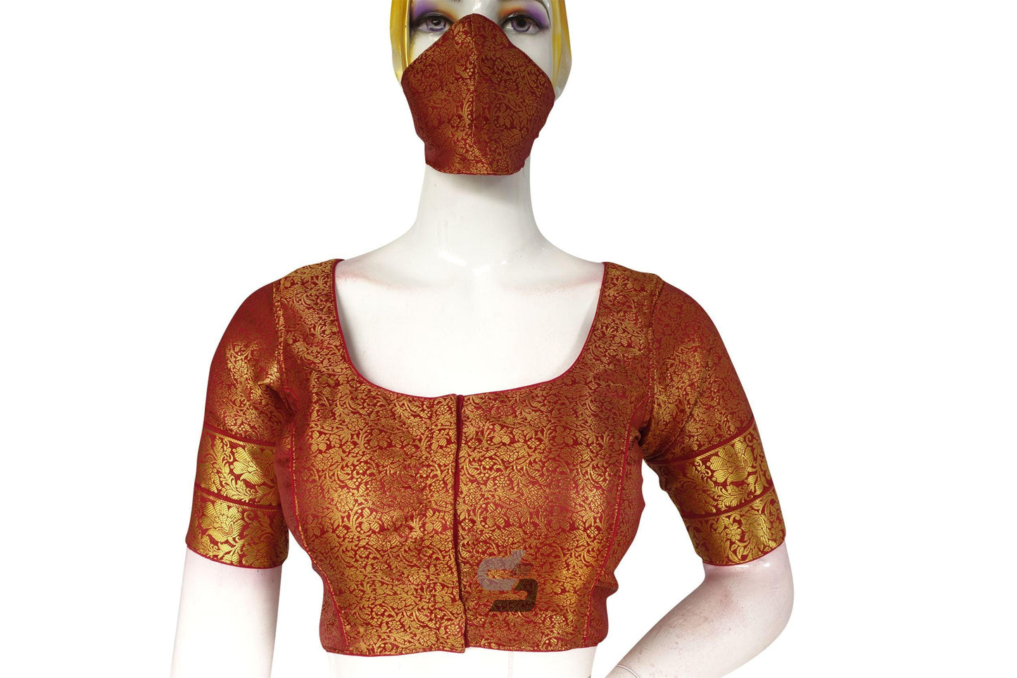 Maroon Color Brocade Silk Readymade Saree Blouse With Matching Mask - D3blouses