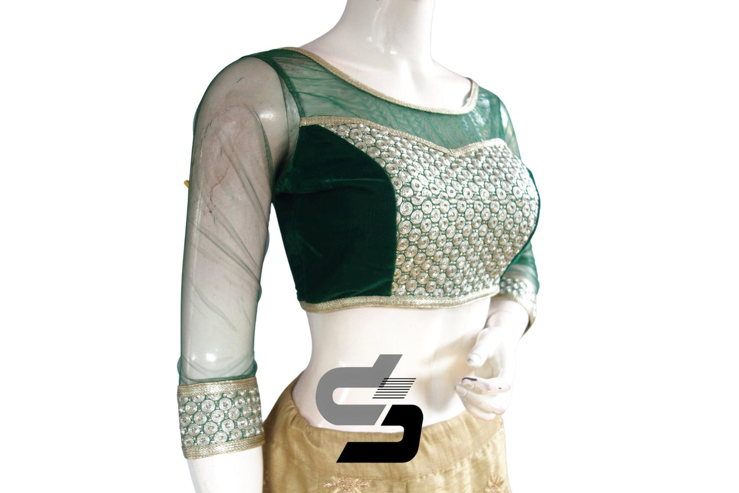 Green Color Velvet 3/4th Designer Party Wear Readymade Blouse/ Indian Crop Tops - D3blouses