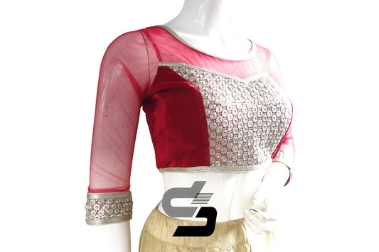 Maroon Color Velvet 3/4th Designer Party Wear Readymade Blouse/ Indian Crop Tops - D3blouses