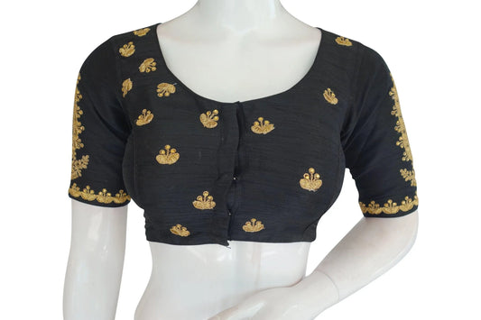 Black High Neck Embroidered Readymade Blouse: Mirror Detail, Indian Crop Top - D3blouses