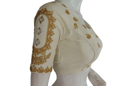 White High Neck Embroidered Readymade Blouse: Mirror Detail, Indian Crop Top - D3blouses