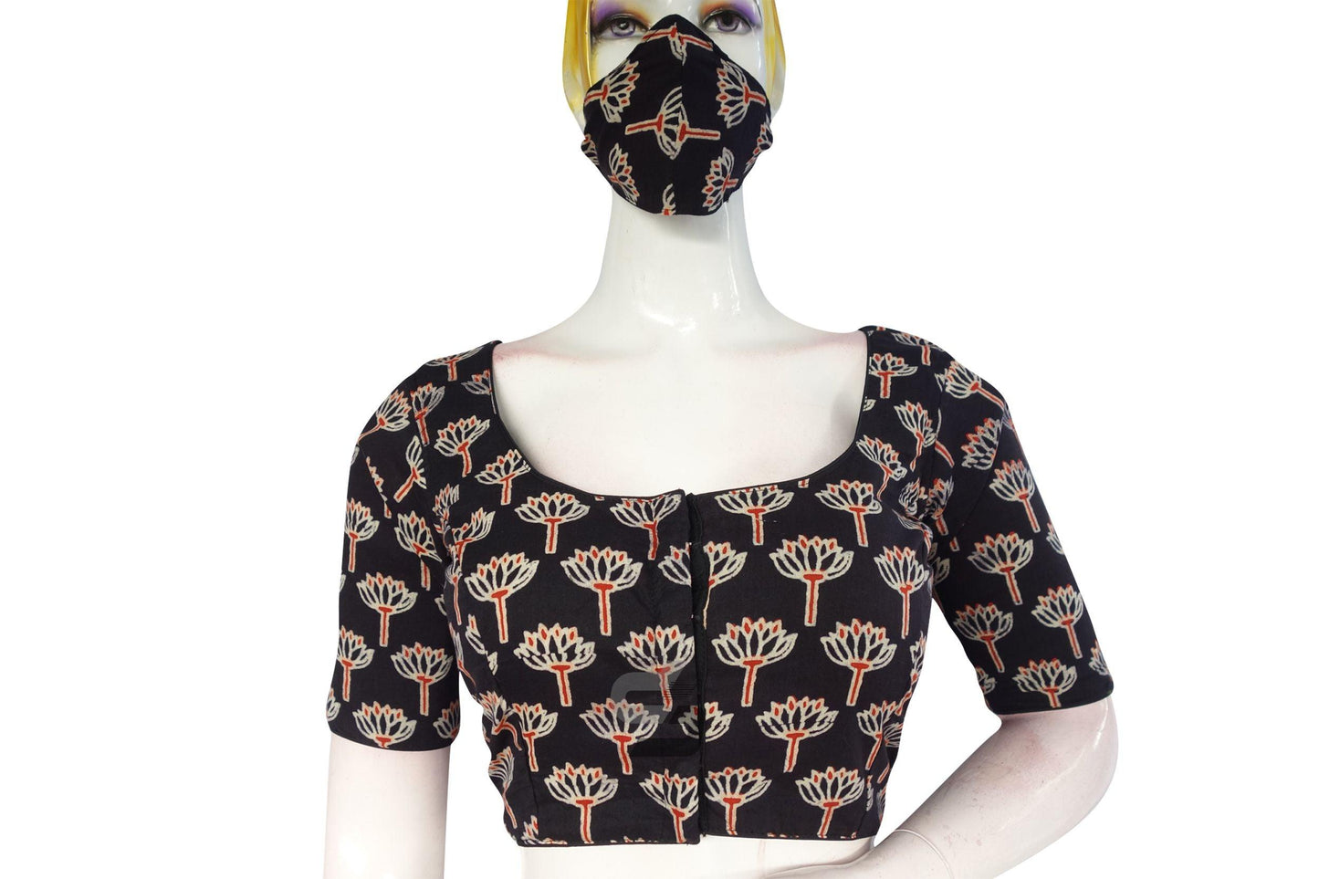 Black color Ajrakh Cotton Readymade Saree Blouse - D3blouses