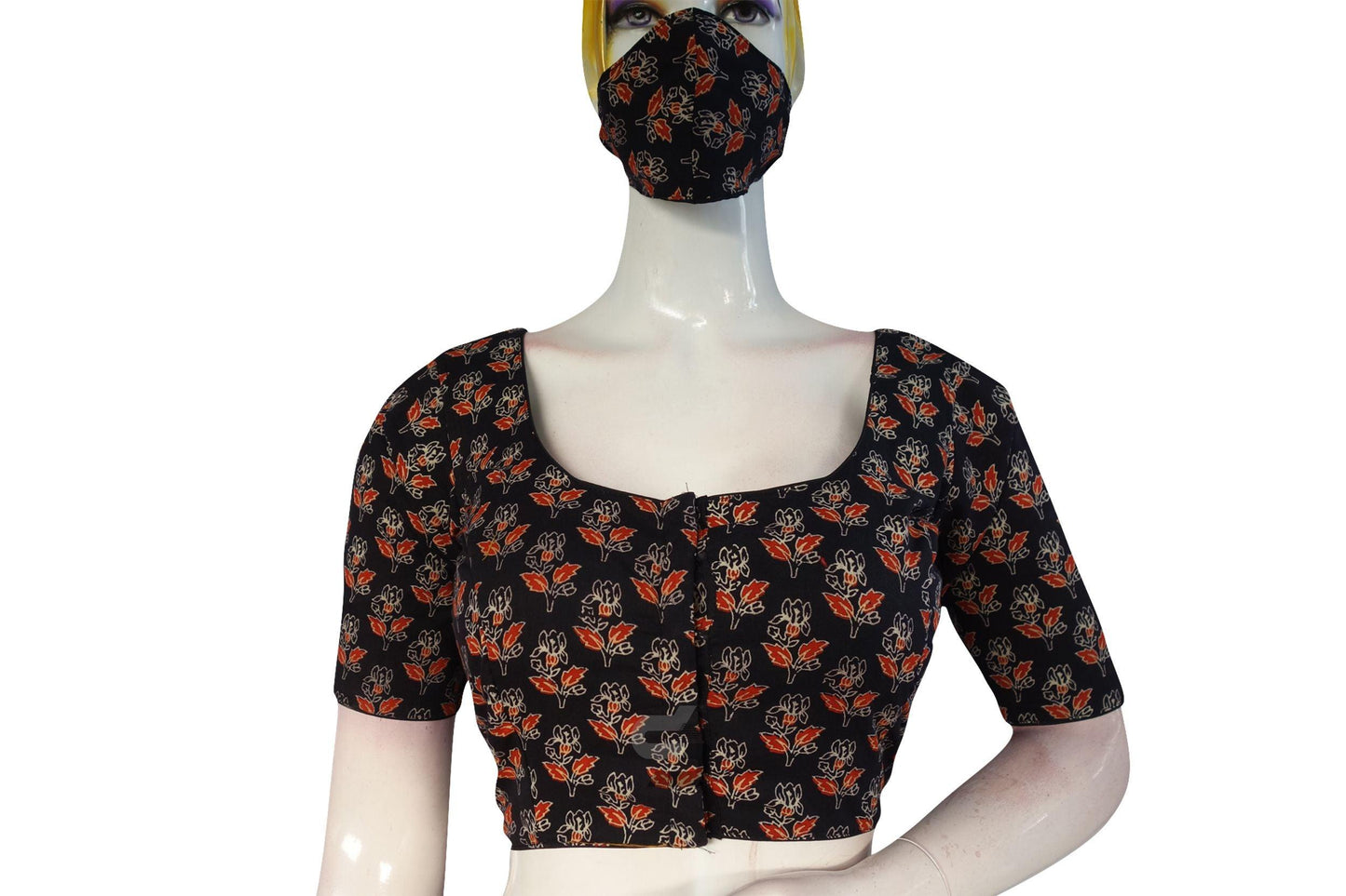 Black color Ajrakh Cotton Readymade Saree Blouse - D3blouses