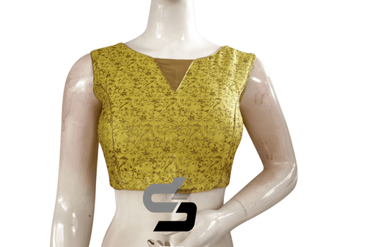 Yellow Color Banaras Brocade silk Readymade saree blouse With Boat Neck - D3blouses