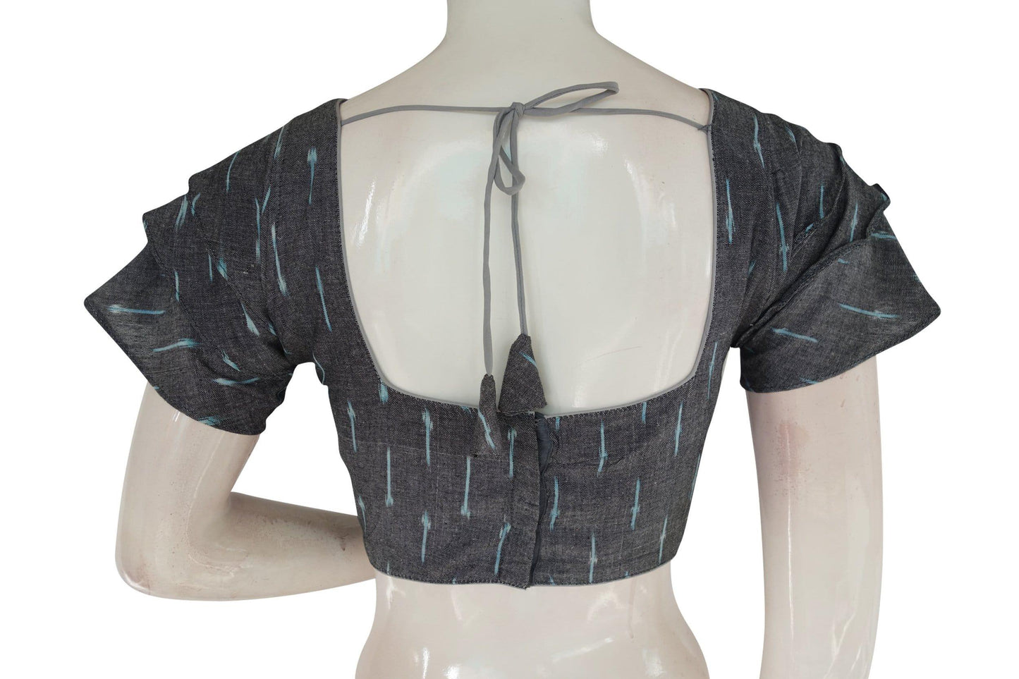 grey color ikkat readymade saree blouse with ruffle sleeve