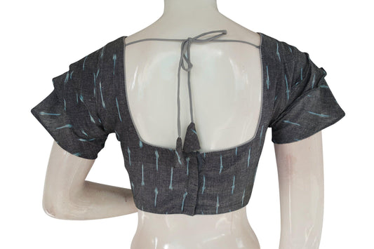 Charming Grey Ikkat Readymade Saree Blouse with Stylish Ruffle Sleeve - D3blouses
