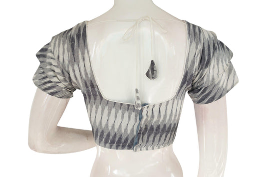 Elevate Your Saree Ensemble with Grey Ikkat Readymade Blouse - Ruffle Sleeve - D3blouses