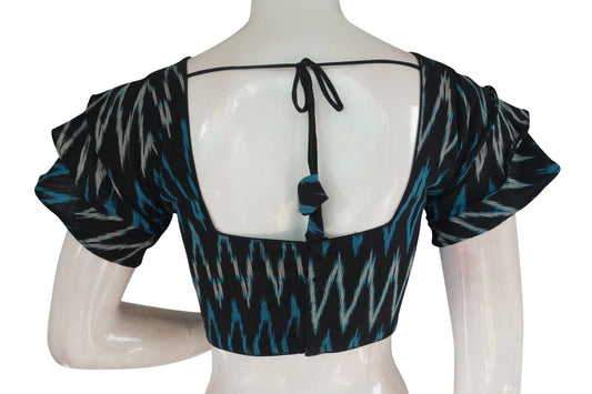 Chic Black Ikkat Readymade Saree Blouse with Ruffle Sleeve - Contemporary Ethnic Elegance - D3blouses