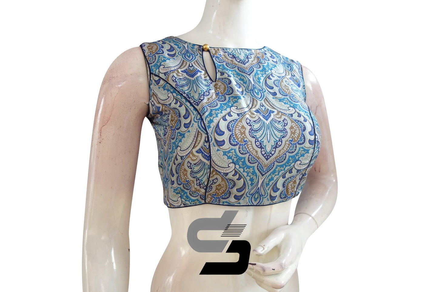 Blue Color Printed Silk Boat Neck Readymade Saree Blouse - D3blouses