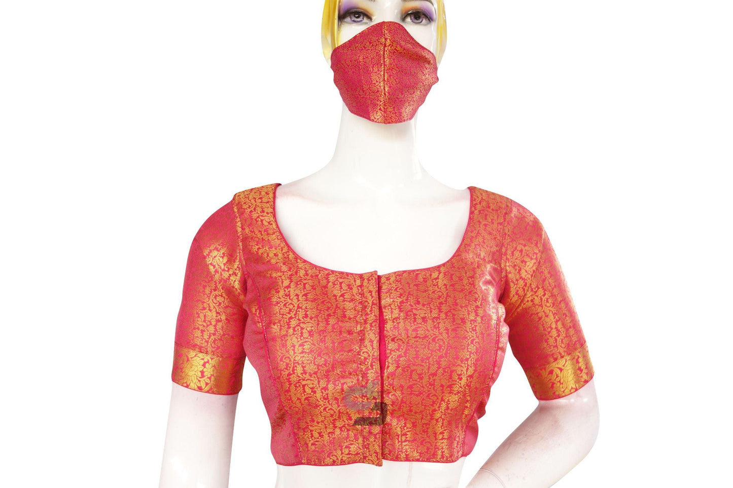 Pink Color Brocade Silk Readymade Blouse With Matching Mask - D3blouses
