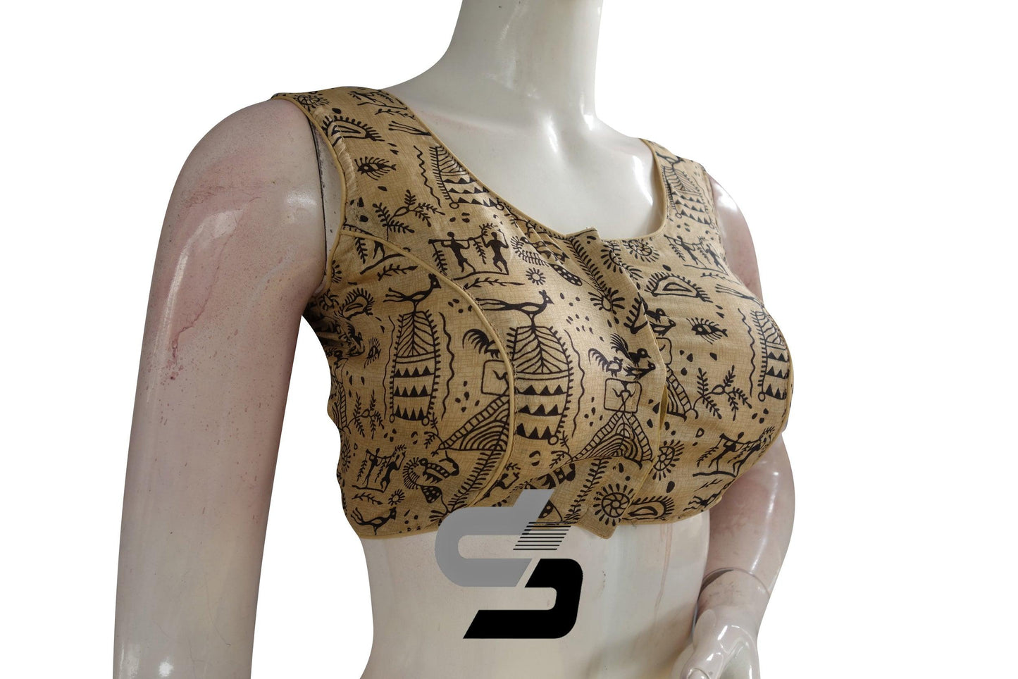 Beige Color Printed silk Sleeveless Readymade saree blouse - D3blouses