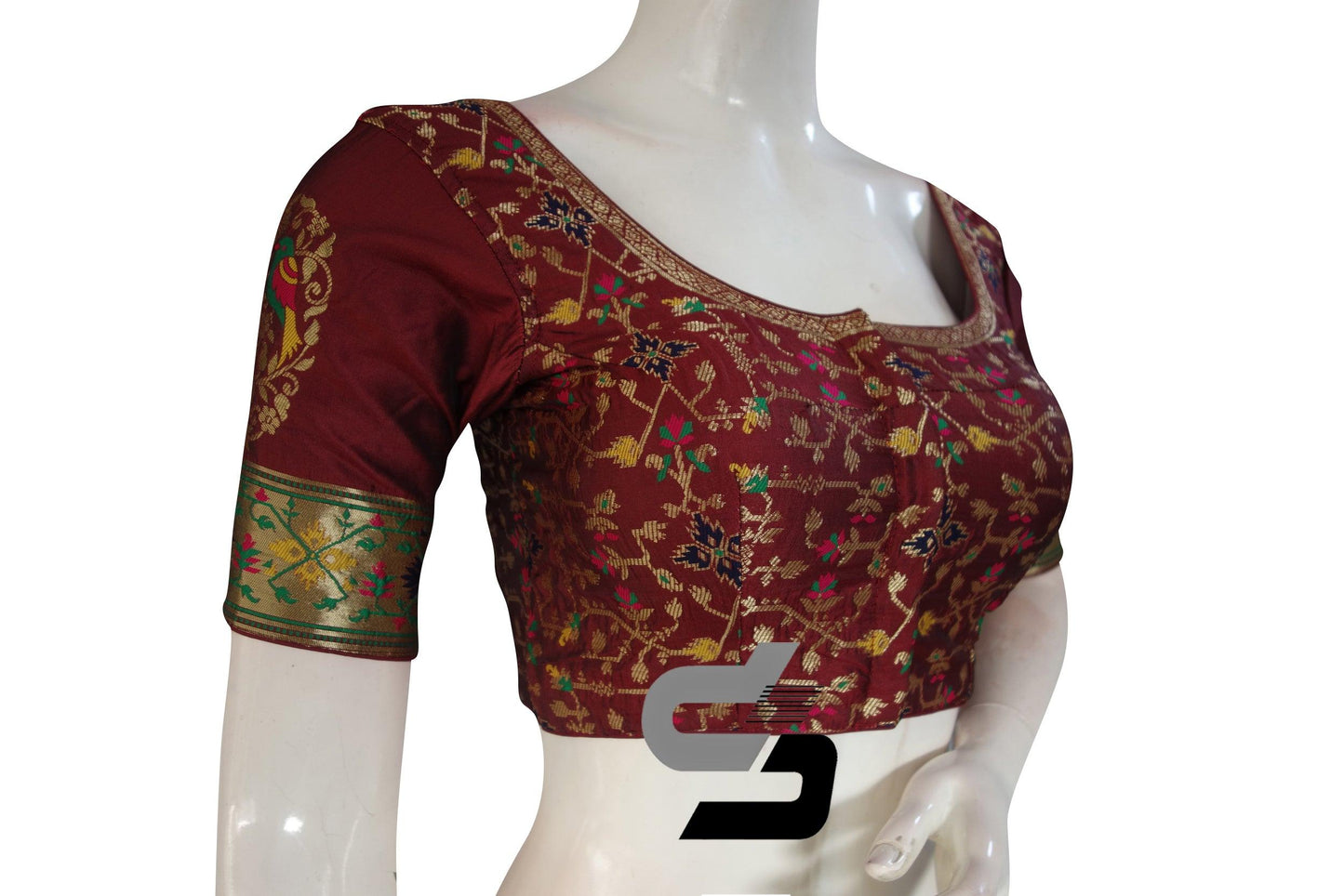 Maroon Color Raw Silk Embossed Embroidery Readymade Saree Blouse With Border Sleeves - D3blouses