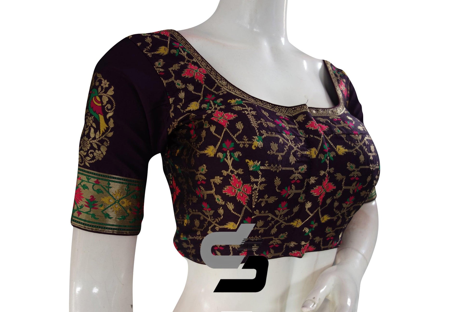 Dark Purple Color Raw Silk Embossed Embroidery Readymade Saree Blouse With Border Sleeves - D3blouses