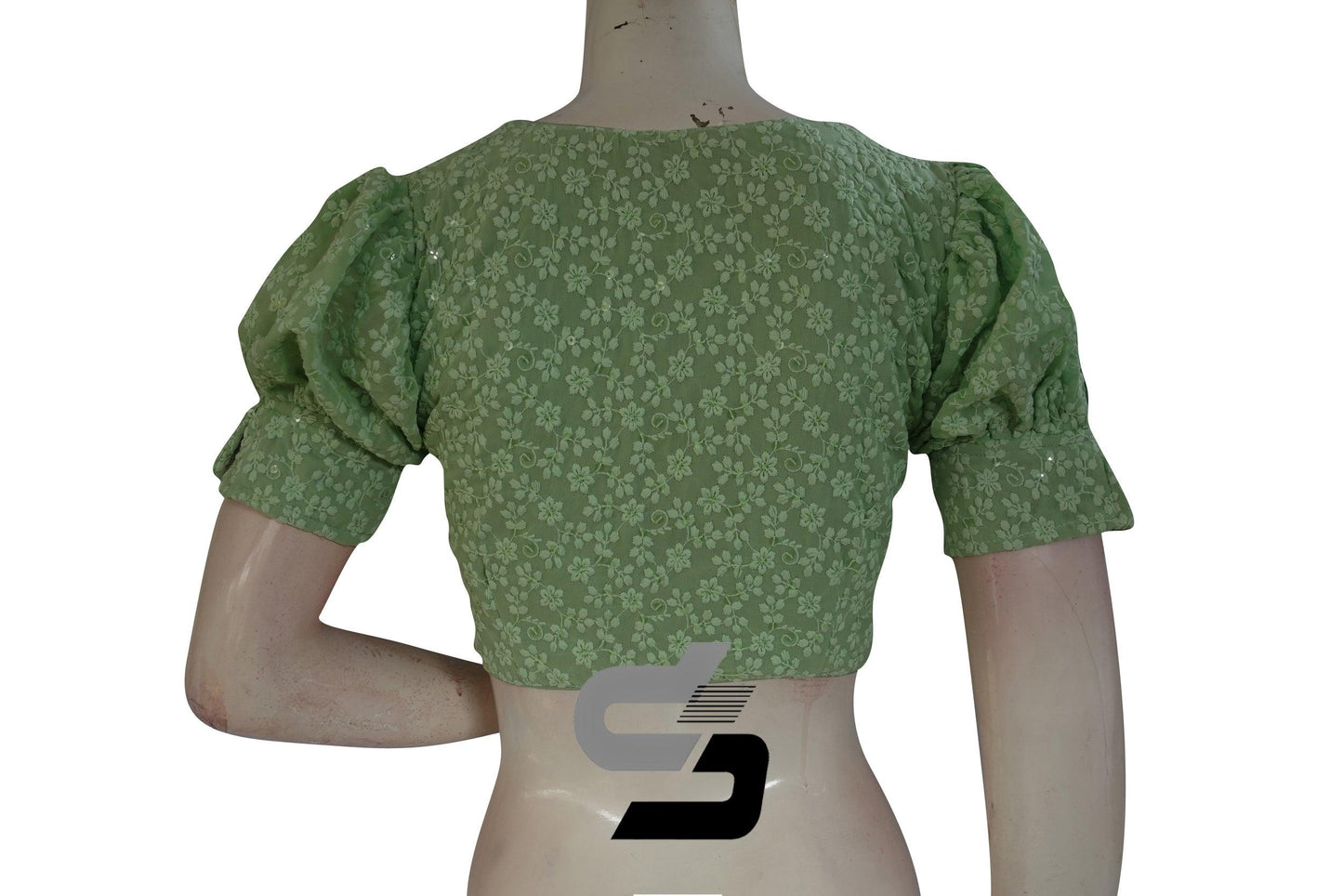 Pastel Green Color High Neck Chikankari Designer Readymade Saree Blouses With Puff Sleeves - D3blouses