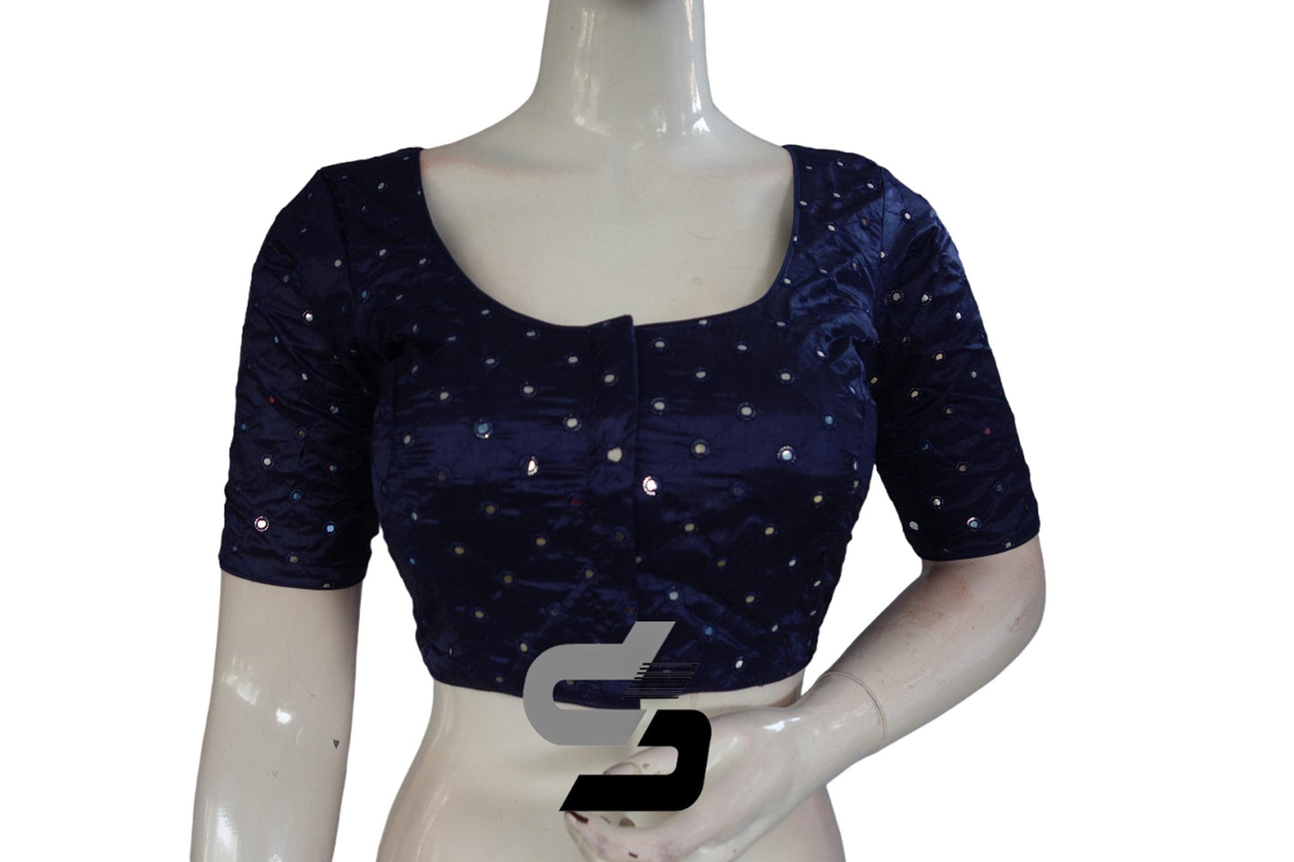 Dark Navy Blue Color Georgette Foil Mirror Designer Readymade Saree Blouse - D3blouses