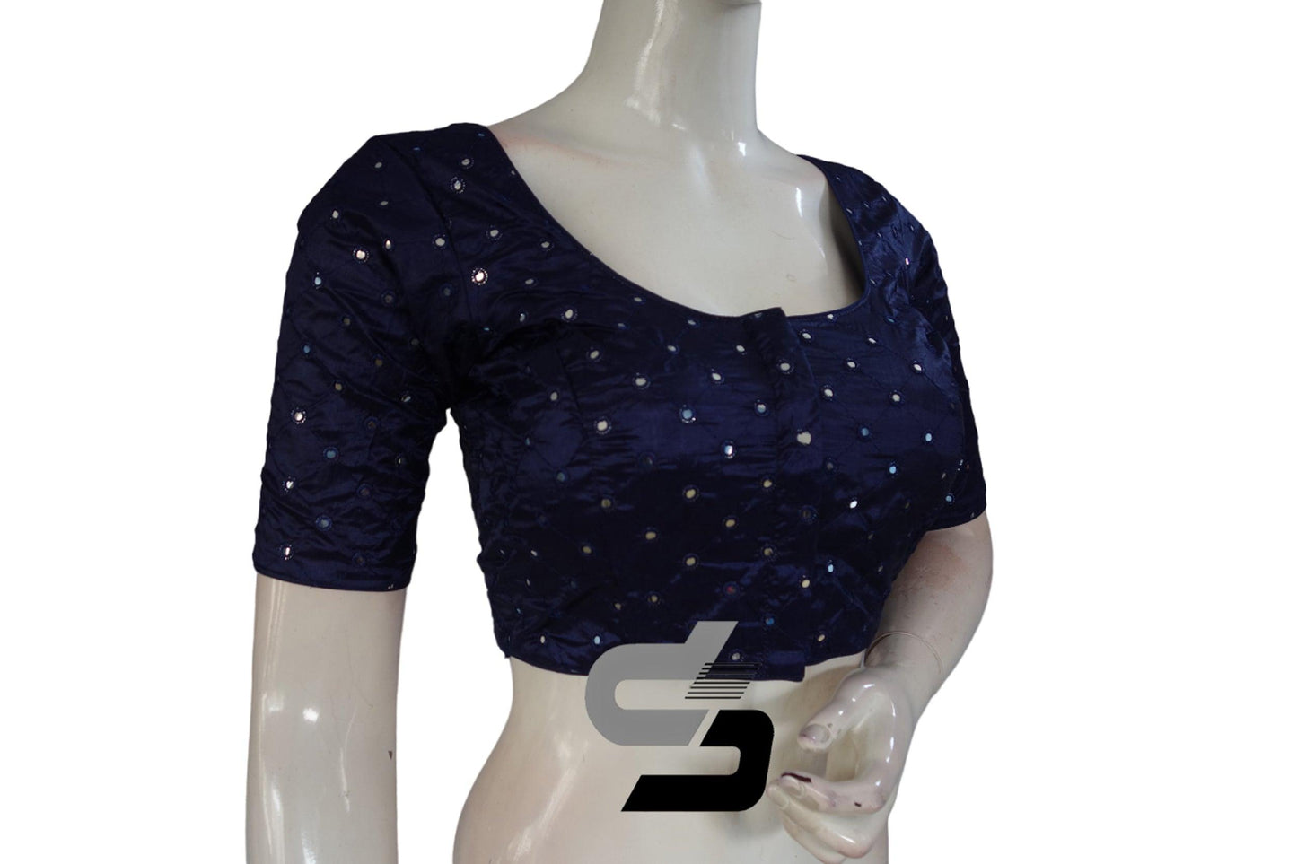 Dark Navy Blue Color Georgette Foil Mirror Designer Readymade Saree Blouse - D3blouses