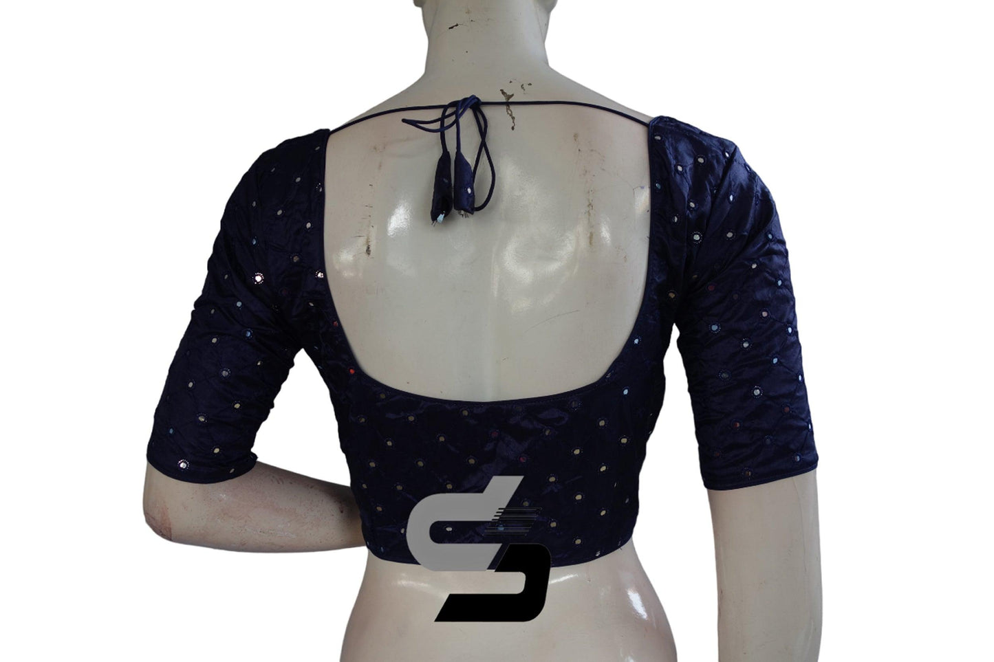 Dark Navy Blue Color Georgette Foil Mirror Designer Readymade Saree Blouse - D3blouses