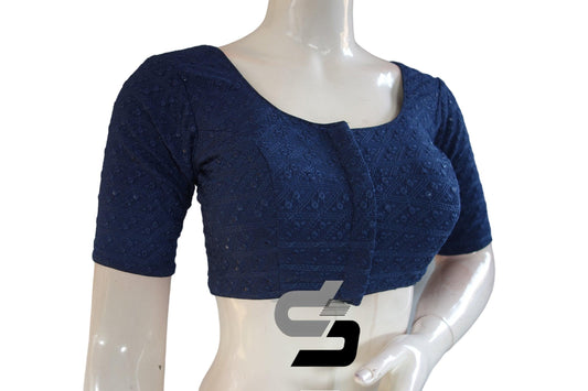 Navy Blue Color Chikankari Embroidery Readymade saree blouse - D3blouses