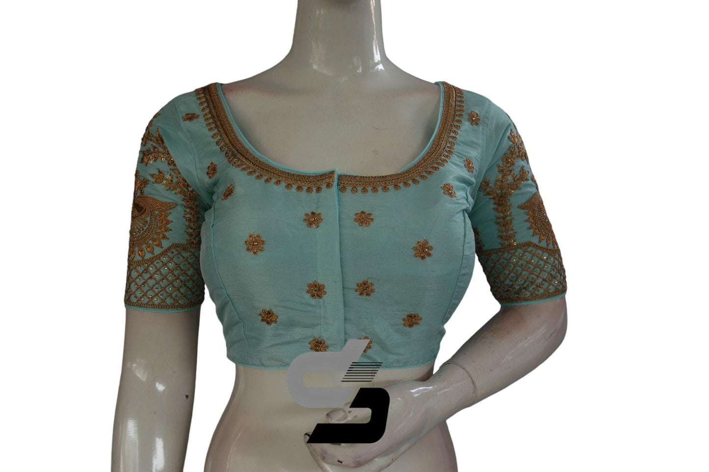 Pastel Blue Color Semi Silk Designer Embroidery Readymade Saree Blouse - D3blouses